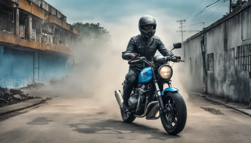 Motoboy entregando caixa amarela em rua de Guarulhos, cercado por prédios modernos com céu azul claro.