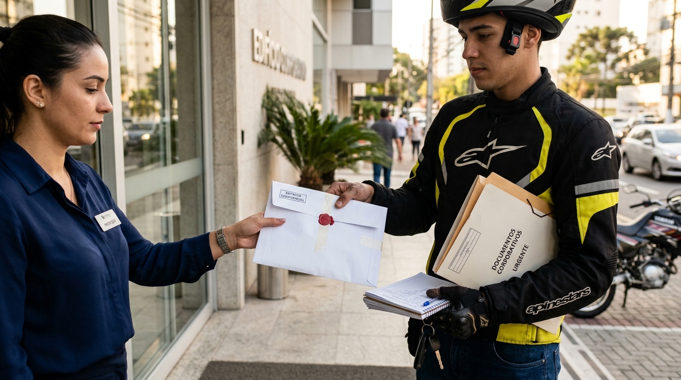 Entregador profissional manuseando documentos corporativos com segurança