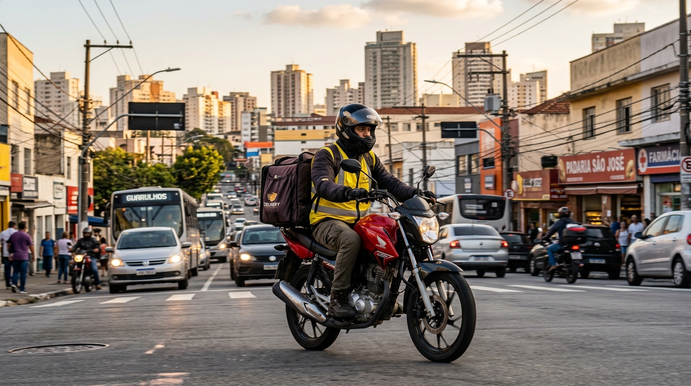 Motoboy realizando entregas rápidas em área urbana de Guarulhos