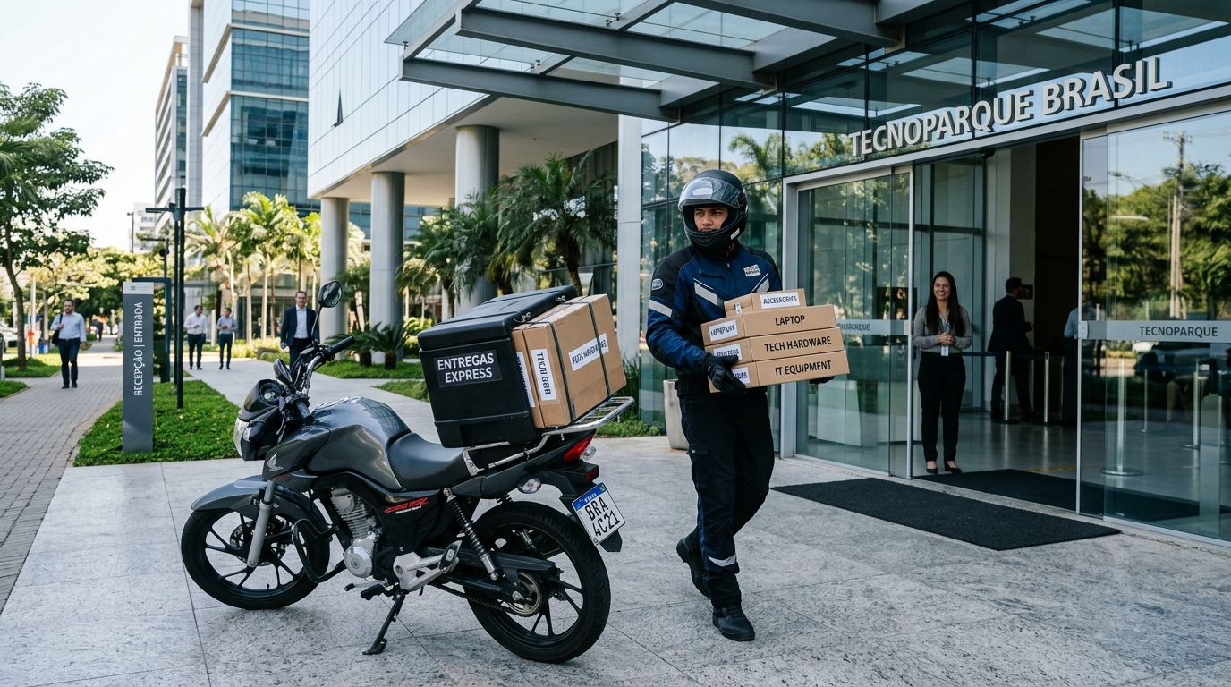 Motoboy entregando equipamentos de tecnologia para empresa